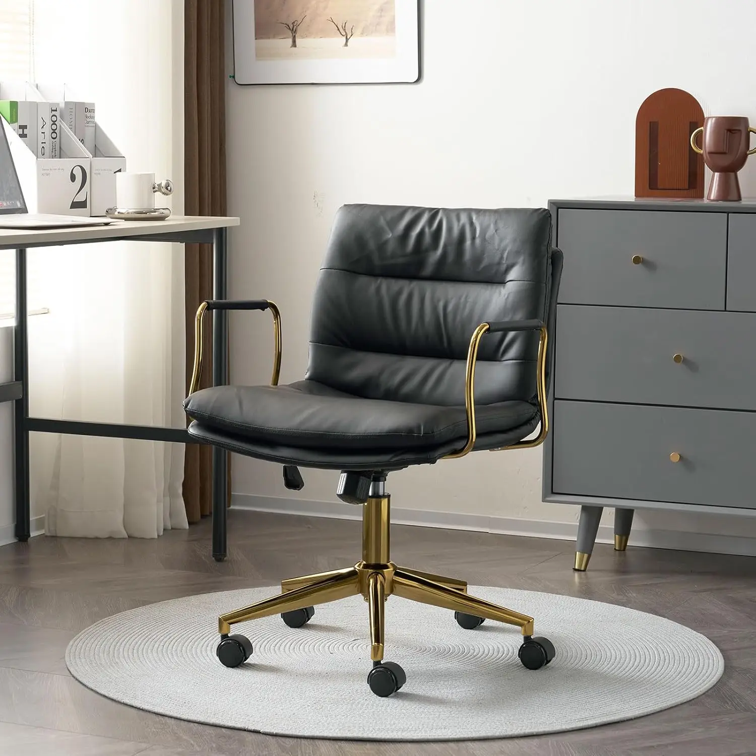 Stylish Black Leather Home Office Chair Gold Frame & Arm Support Adjustable Swivel Desk Chair for Comfortable Work at a Desk