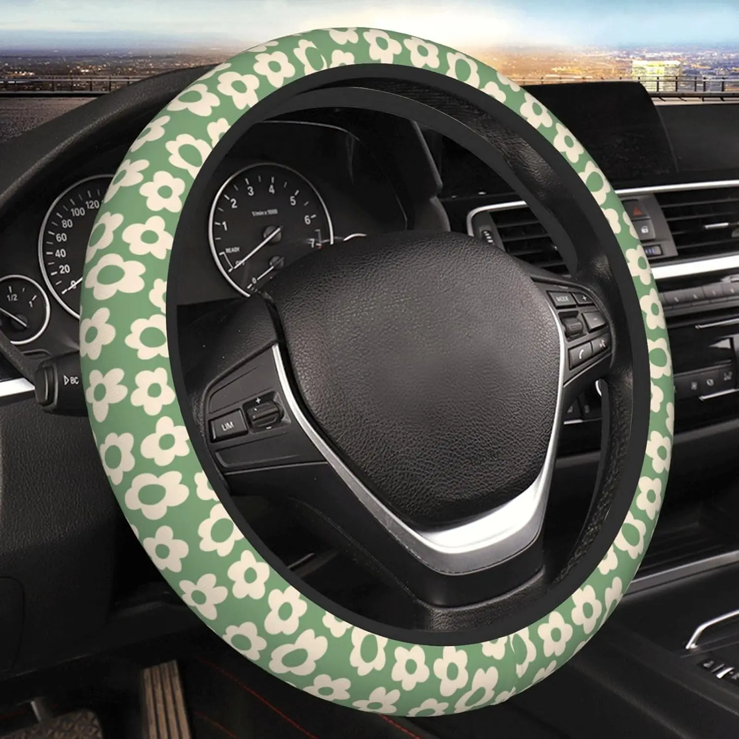 Vintage Groovy Flower Green Retro Steering Wheel Cover for Women Men Girls Car Accessories Decor Anti-Slip Neoprene Auto Steerin