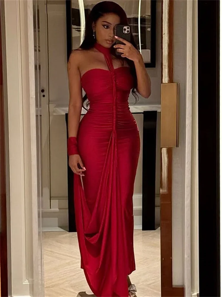 Leosoxs Elegant Halter Maxi Dress Women Backless Skinny Hand Strap Hem Summer Trend Sexy Vacation Birthday Party Vestidos