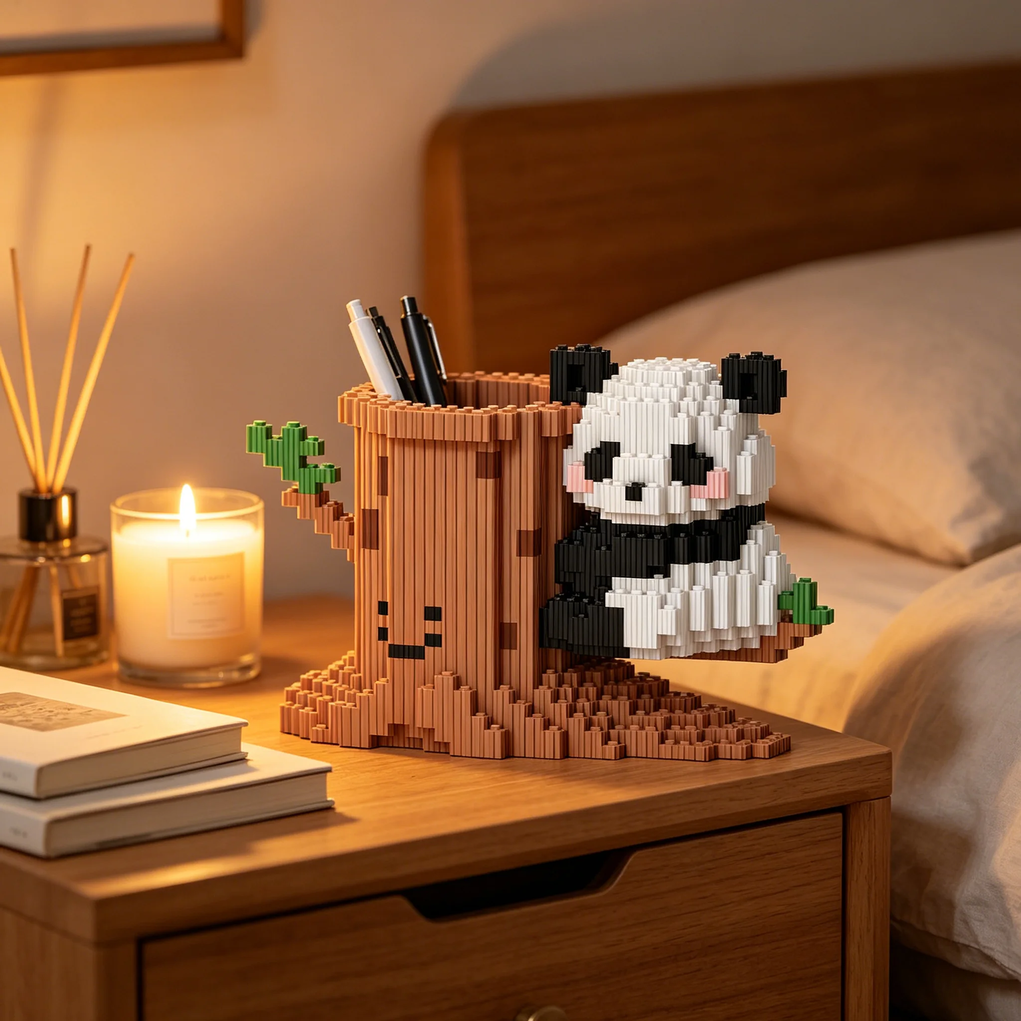 Cute Panda Tree Stump Pen Holder Building Blocks DIY Assembly Toys Desk Organizer Pencil Cup Functional Home Office Decor Gift