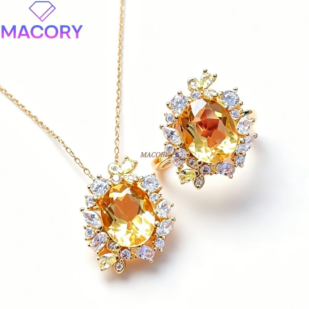 Natural Citrine Jewelry Set S925 Sterling Silver Fashionable and Exquisite Everyday wear Birthday Gift or Valentine's Day Gift