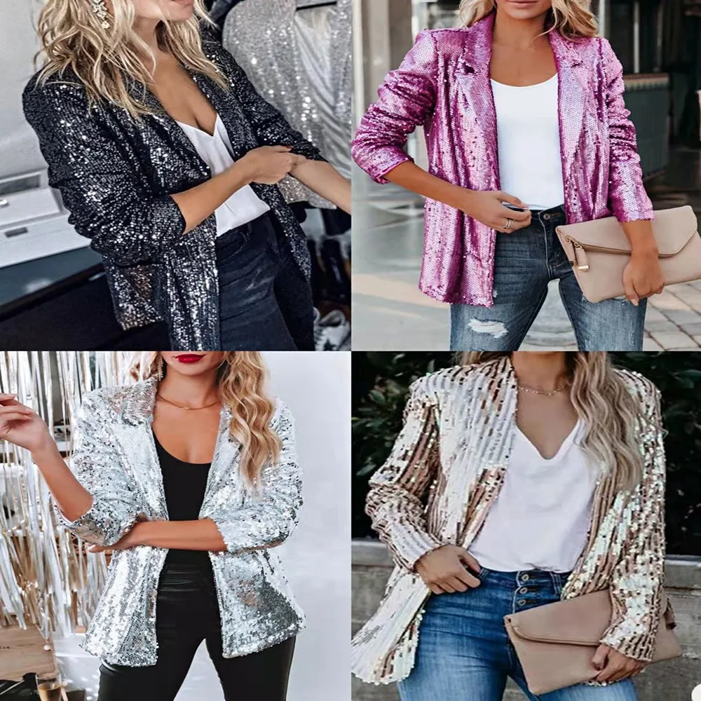 

Solid Sequin Shinny Shirts Jacket Womens Casual Loose Chic Cardigan Blazer Stage Women's Fashion Trendy Party Nightclub Costume