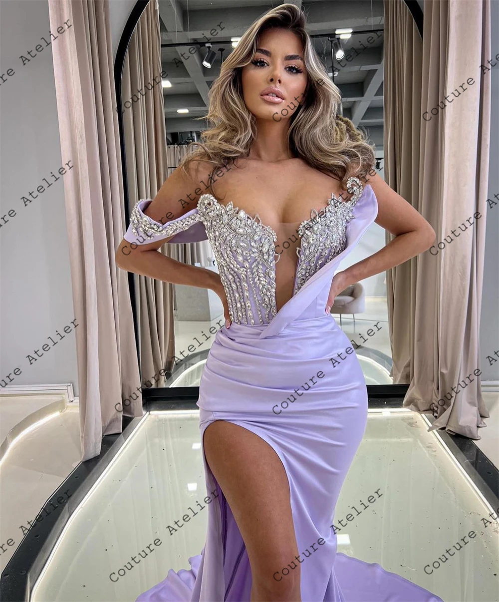 Sliver Crystal Beading Off The Shoulder Lilac Prom Dress Hight Slit Party Evening Elegant Luxury Celebrity Formal Occasion Dress