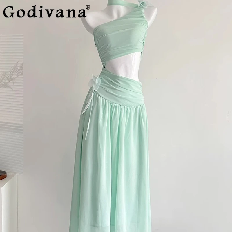 

Mesh Waist Halter Shoulder Lolita Dress for Women's Summer Beach Vacation Holiday Dress Female Exquisite Charm Long Dress