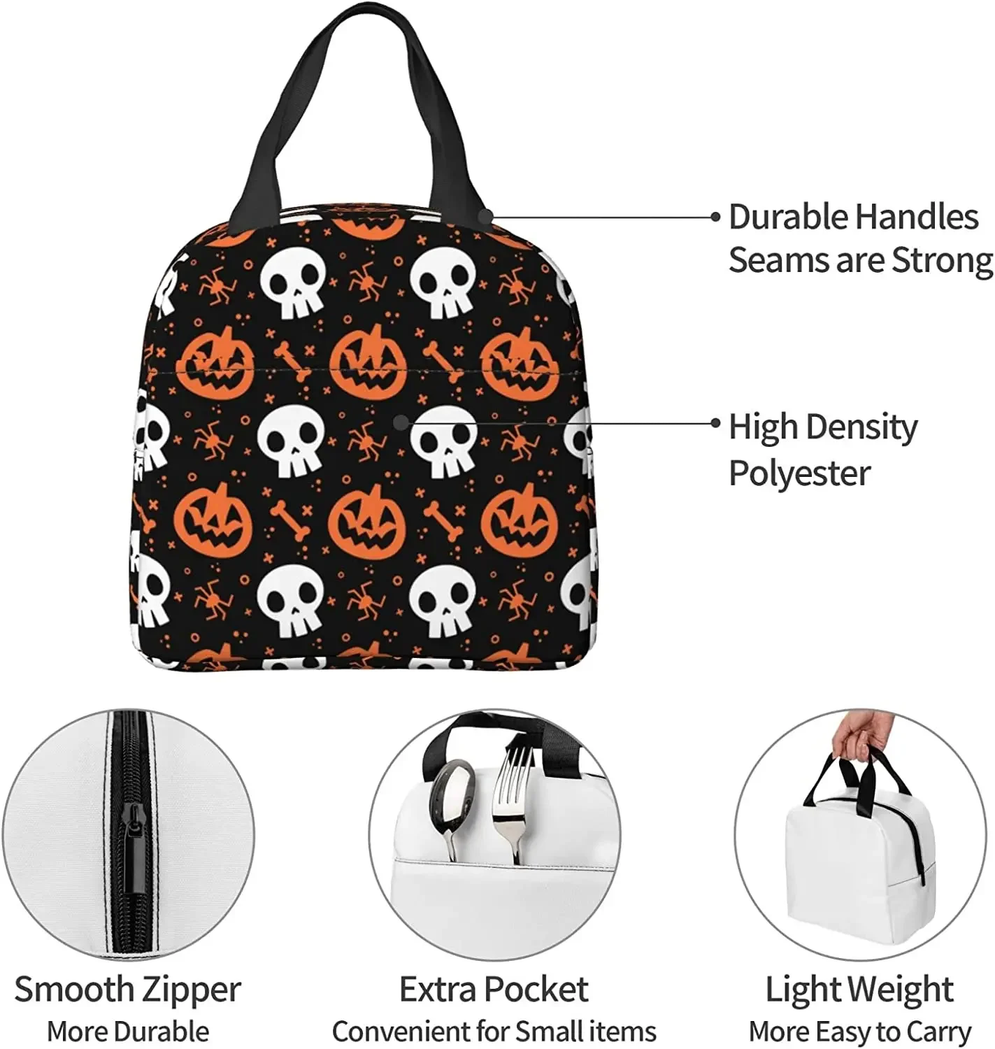 Halloween Skull and Pumpkin Lunch Bag Insulated Reusable Lunch Box Thermal Tote Bag Container Cooler Bag for Women Men Work