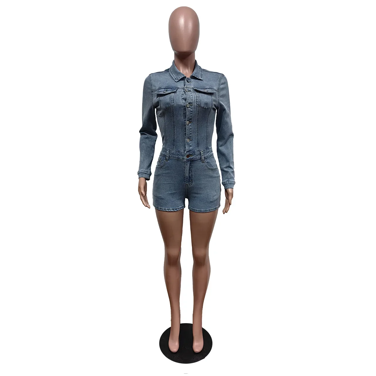 BWQ 2024 Wiosna Kobiety Denim Playsuits Wysokie rozciągliwe kieszenie Kołnierzyk z długim rękawem Szorty z pojedynczym biustem Pajacyki Dżinsy