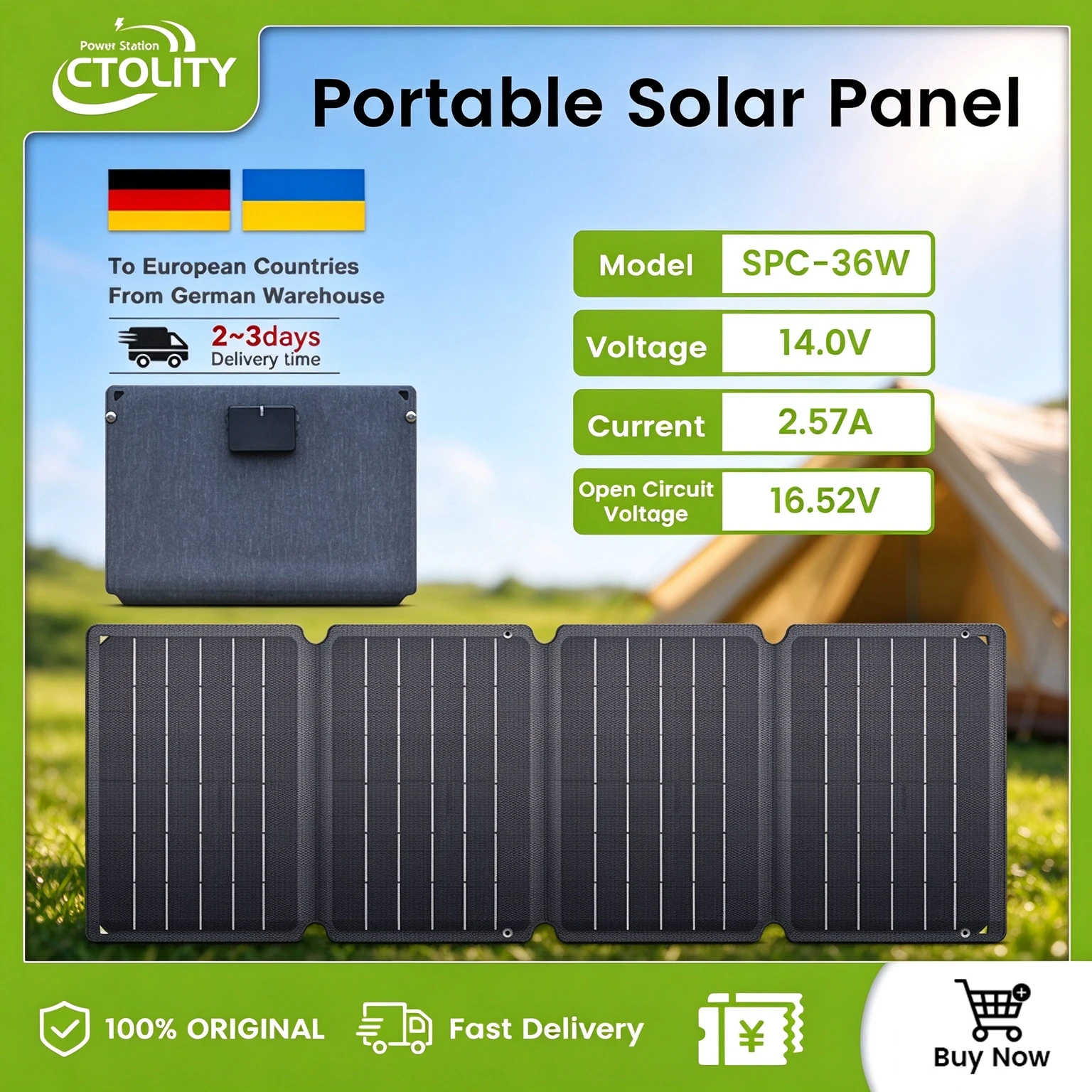 CTOLITY Pannello Solare Flessibile 36W 14V, Borsa Pieghevole Portatile, Efficienza del 23%, Alimentazione con Accumulo di Energia, USB Type-C per Stazione di Alimentazione, Power Bank, Telefono