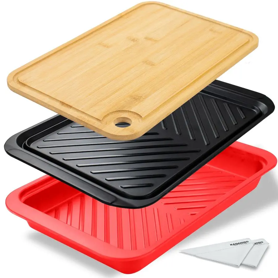 

Grilling Bamboo Prep and Serve Trays, BBQ Platter for Raw Meat Marinating and Finished Cooked Food, Melamine Serving Tray, Set o