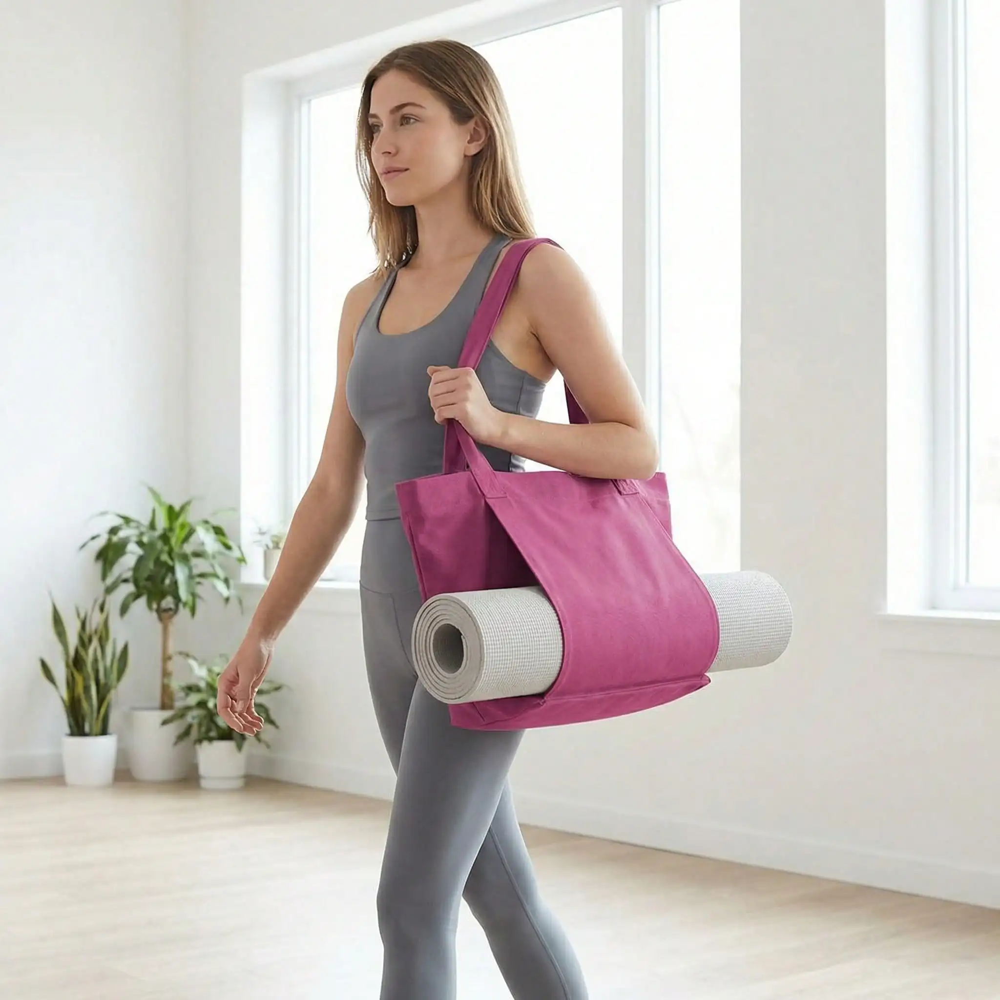 Yoga-Tasche, Sporttasche für Damen, Yogamatten-Tragetasche, Canvas-Tasche für Pilates, Schultertasche für Reisen, Büro, Strand und Training. – Detail 3