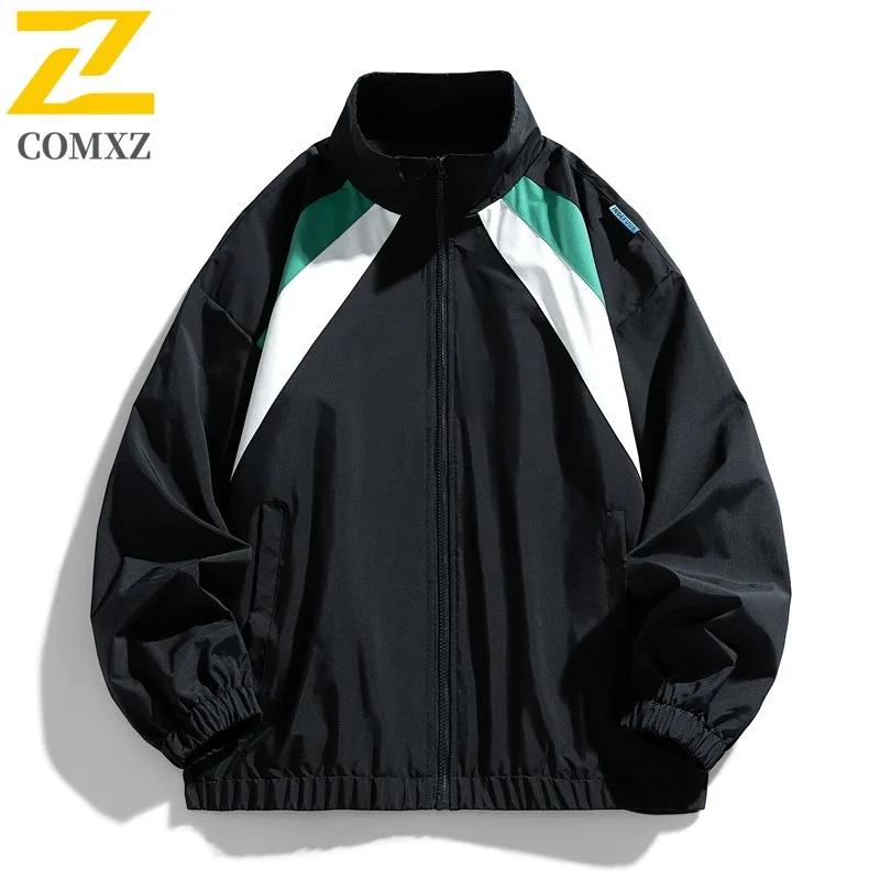 

COMXZ 2025 New Coat Men Spring Autumn Stripe Stand Collar Jacket Loose Fit Workwear Coat Running Sport Color Block Casual 2025