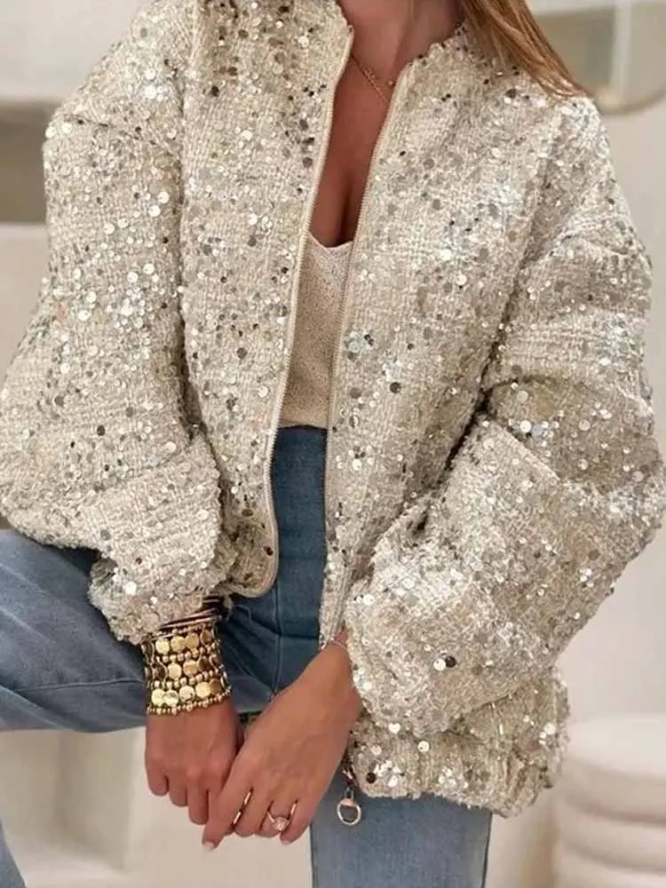 

BKQU Элегантная женская куртка на молнии с блестками и круглым вырезом с длинным рукавом, свободная серебряная куртка-бомбер, женская шикарная уличная верхняя одежда