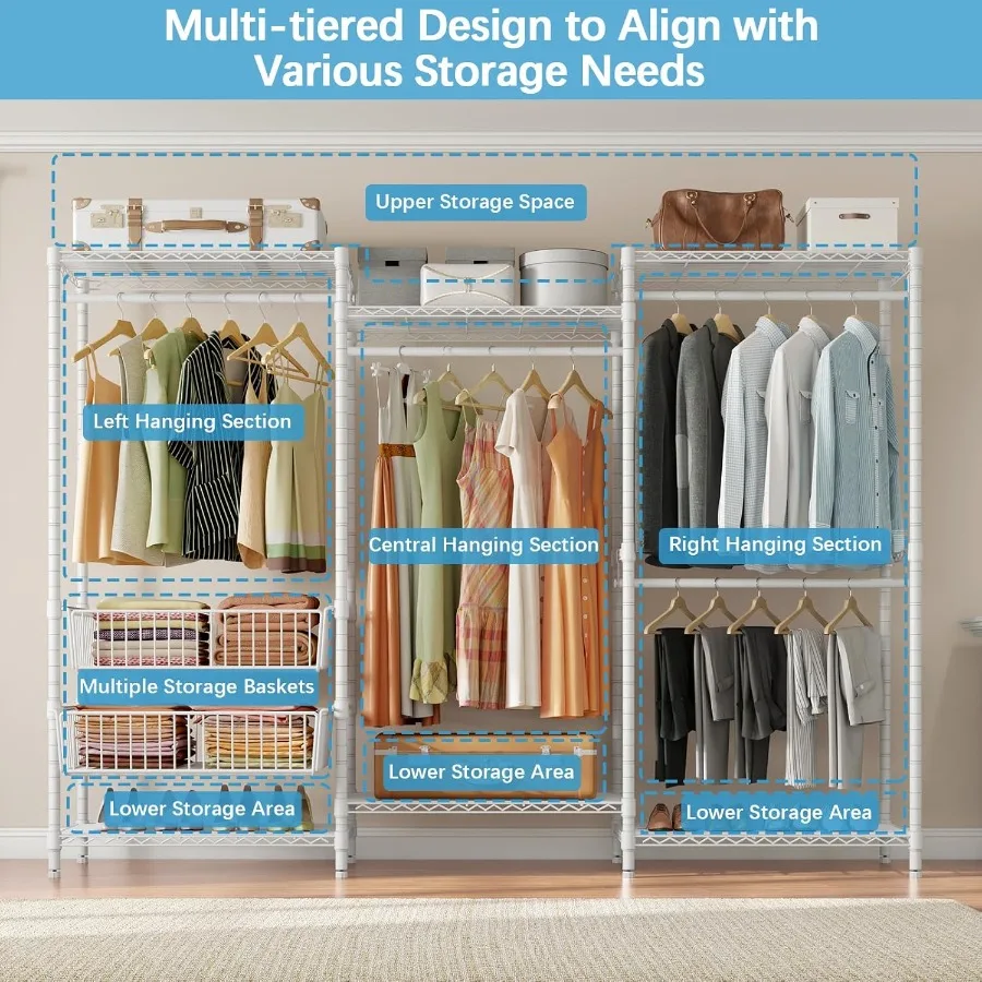 رف ملابس سلكي V10 مكون من 5 طبقات رف ملابس عالي التحمل رف ملابس كبير الحجم مع 4 قضبان تعليق و6 أرفف سلكية و2 قاعدة منزلقة