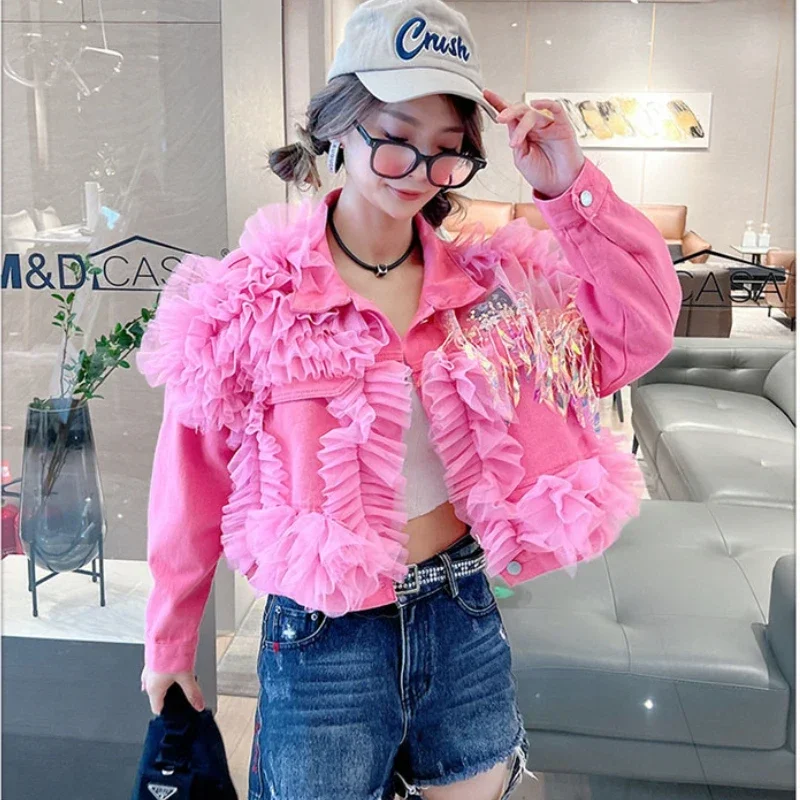 Harajuku Women Pink Beaded Denim Bomber Jacket Mesh Spliced Sequined Tassels Coat Gauze Pleated Jeans Cardigan Outwear Crop Tops