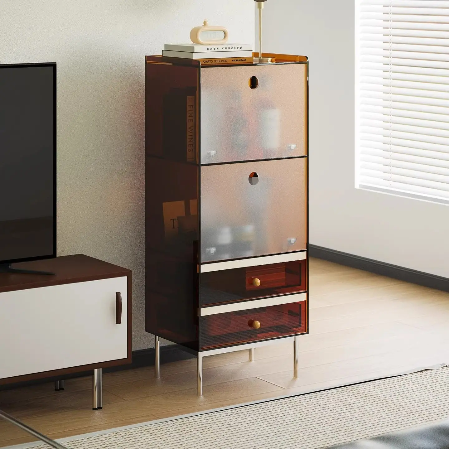 خزانة جانبية لأريكة تلفزيون غرفة المعيشة من الأكريليك، وخزانة تخزين عتيقة، ورف عرض شقة صغيرة على الحائط، وخزانة كتب #4