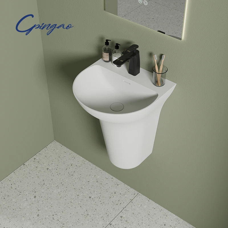 Nowoczesna owalna umywalka łazienkowa z umywalką nablatową z tworzywa sztucznego PMMA, montowana na ścianie, z odpływem, do użytku hotelowego.