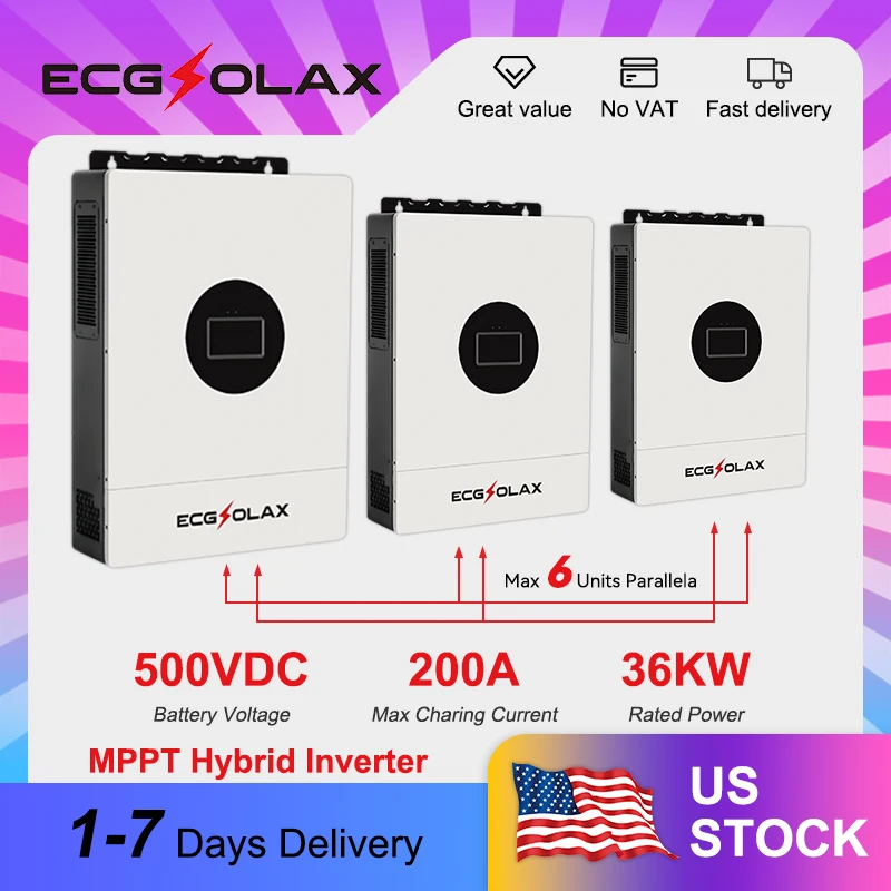

ECGSOLAX 36KW 48V Hybrid Solar Inverter Off-Grid Solar Hybrid Inverter Built-in WiFi 120V/240V US Standard Split-Phase Inverter