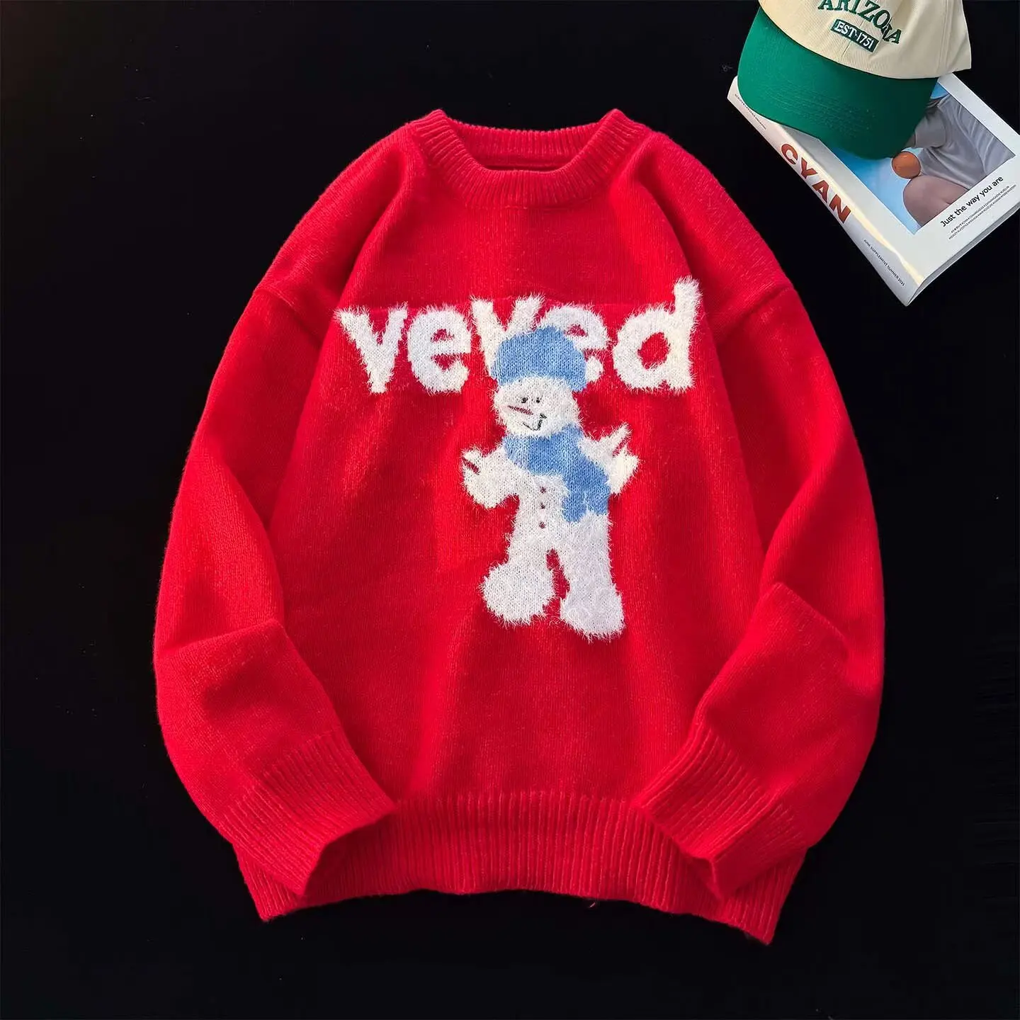 

Cisas Red Oversized Knitted Sweater Snowman Print Loose Fit Comfortable Japanese Sle Retro Knitwear for Men Winter Coat