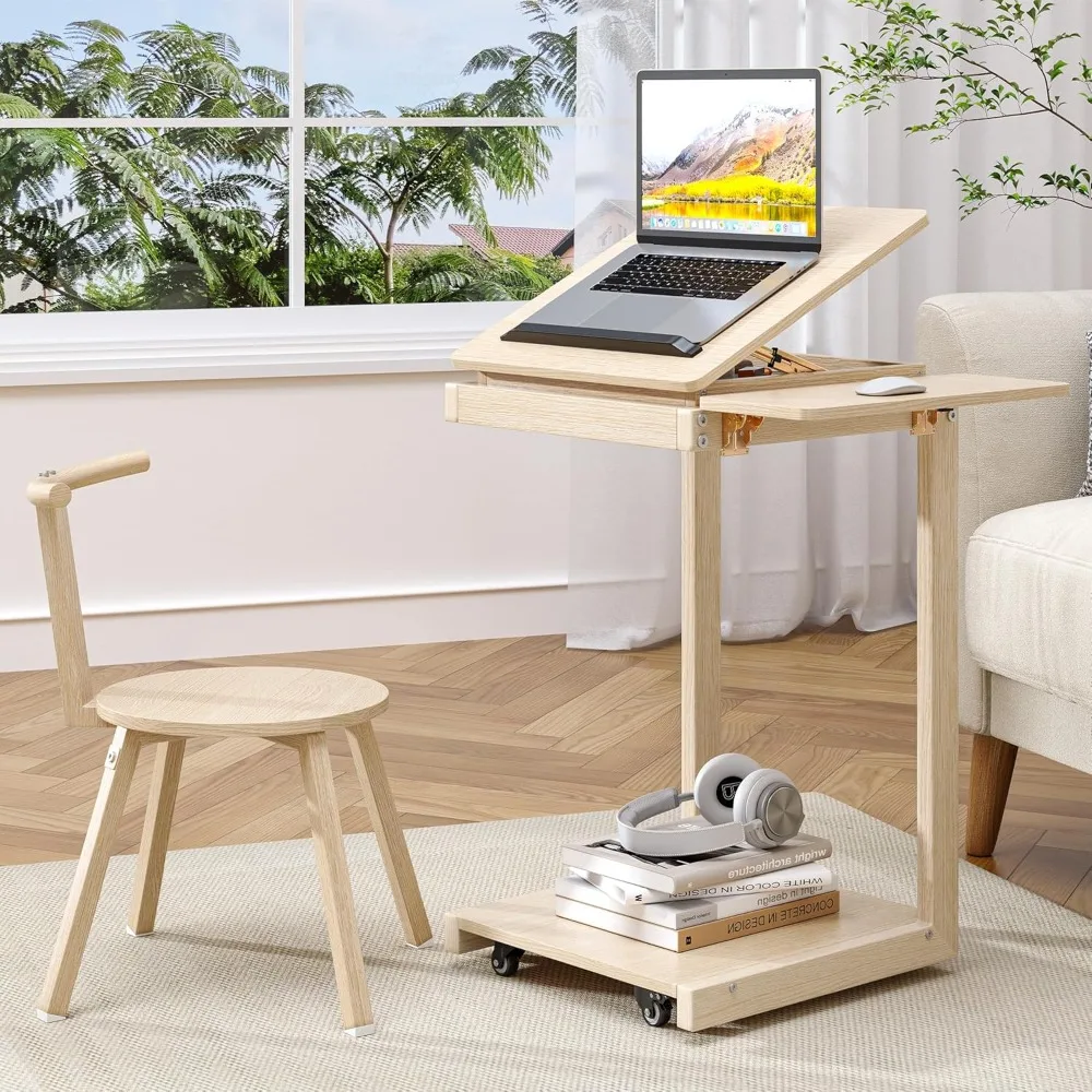 

Shaped End Table, Rolling Side Table with 4-Way Convertible Desktop, Wooden C Table with Multi-Functional Folding Tray & Small