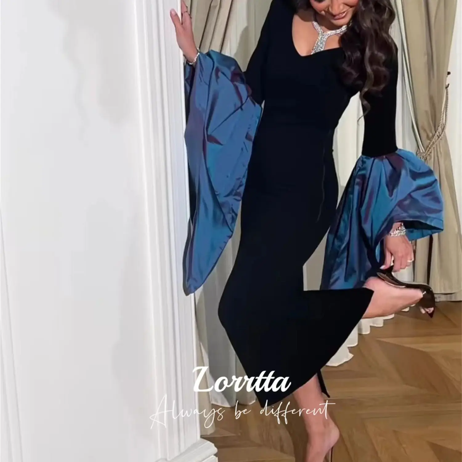 

Lorrtta Black V Neck Evening Gown Ankle Length Blue Bell Sleeve Elegant Formal Occasion Dress Customizable Sizes and Colors