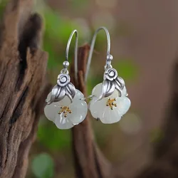 Natural Hotan Jade Camellia flower earrings for women Chinese Style High quality 925 Thai Silver Retro Leaf Earings Drop Jewelry