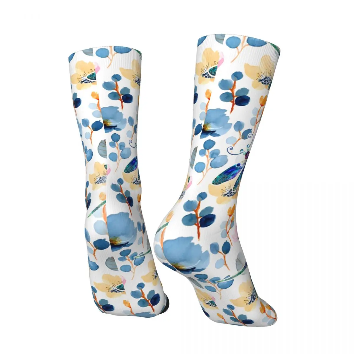 Crazy compression DRFLO  Dragonfly Blue Floral And Cosmos Flower Watercolor Pattern Sock for Men Harajuku Seamless