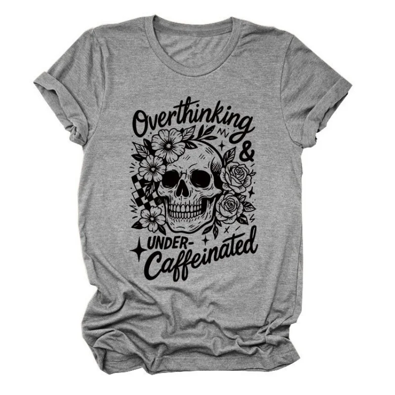 

Women's Rose Skull & Letters Print O-Neck Short Sleeve T-Shirt Tops