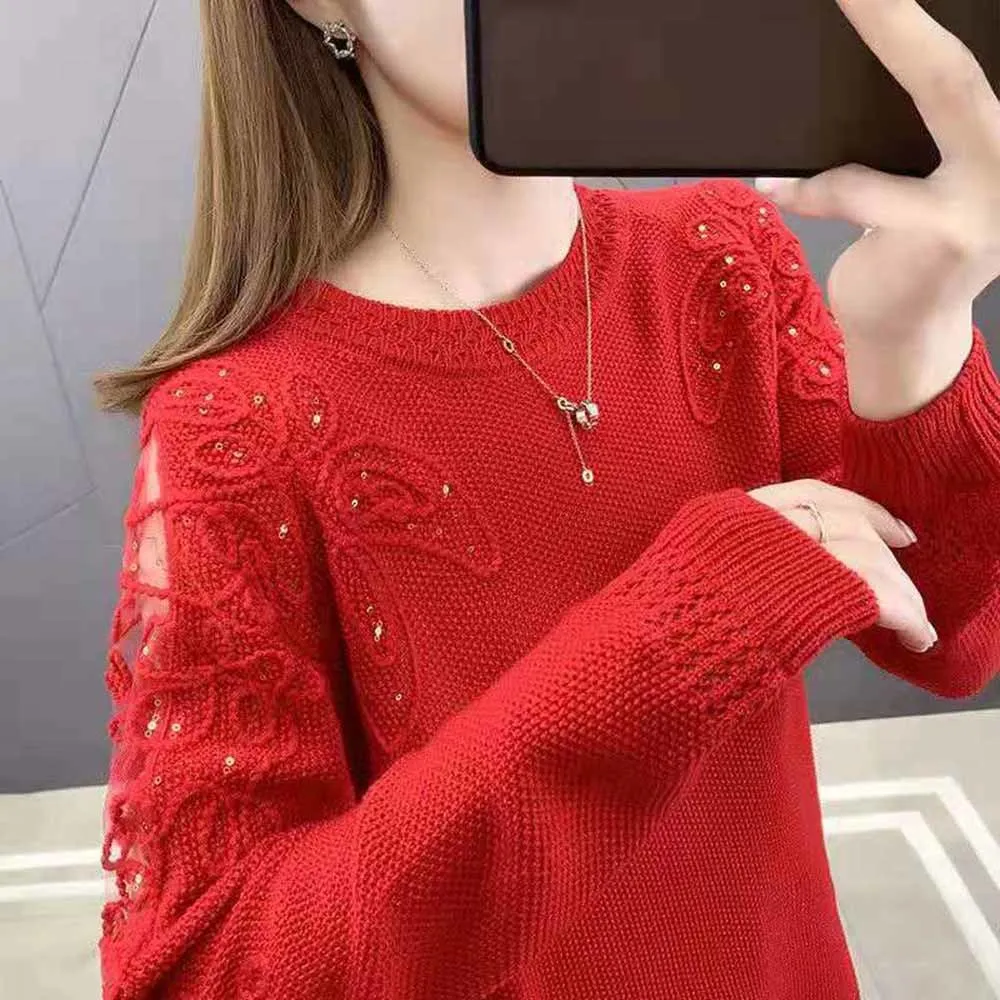 Sweater Women 2022 New Fashion Short Embroidered Pullover Lace Knitwear Thin Loose Openwork Trending Sweater Autumn and Winter