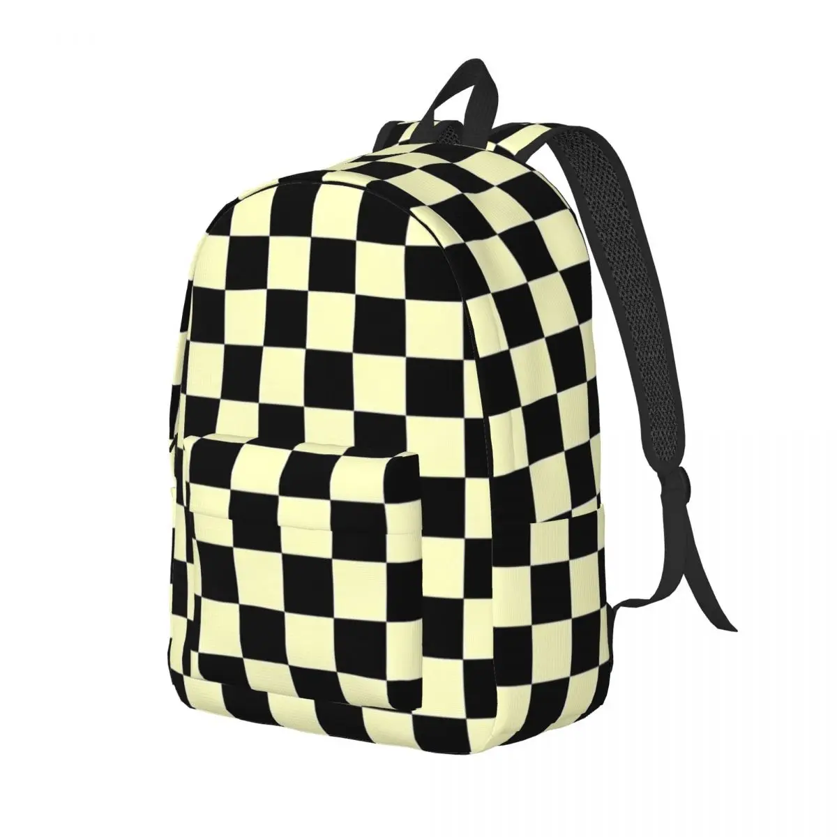 Black And Cream Yellow Checkerboard Checkered Teenage Backpack Lightweight Student Work Daypack for Men Women Laptop Canvas Bags