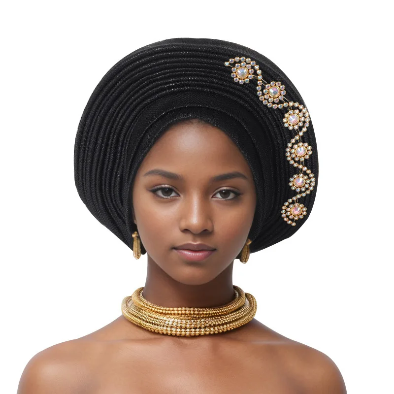 Nigerian Wedding Geles African Headtie Auto Gele Turbans for Women Aso Oke Fabric Muslim Headwear Headpiece Female Head Wraps