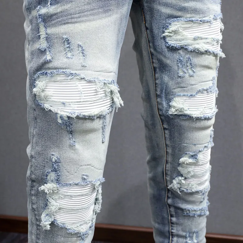 Designer High Street Fashion New Men's Jeans Stretch Slimming Splice Leather Jeans Washed Blue Hip Hop Brand Pants Hombre