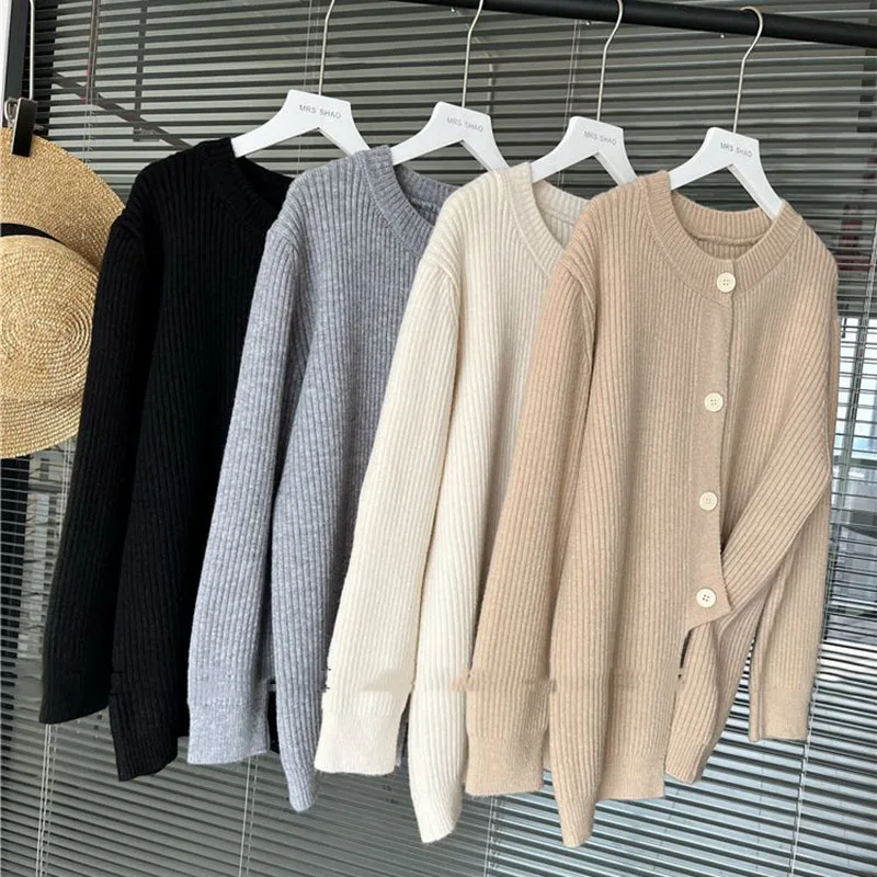 Elegan Knitwear celana denim lembut Sweater Cardigan atasan setelan Knit lebar kaki pantalon Conjunto kasual rajutan dua potong Set