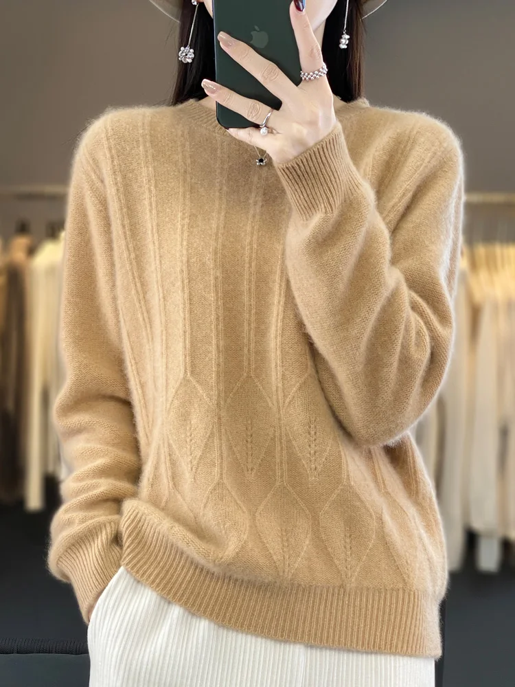 New Spring Autumn O-Neck Long Sleeved Stripe Diamond Solid Color Pullover 100% Merino Wool Women Sweater Higt-Quality Tops