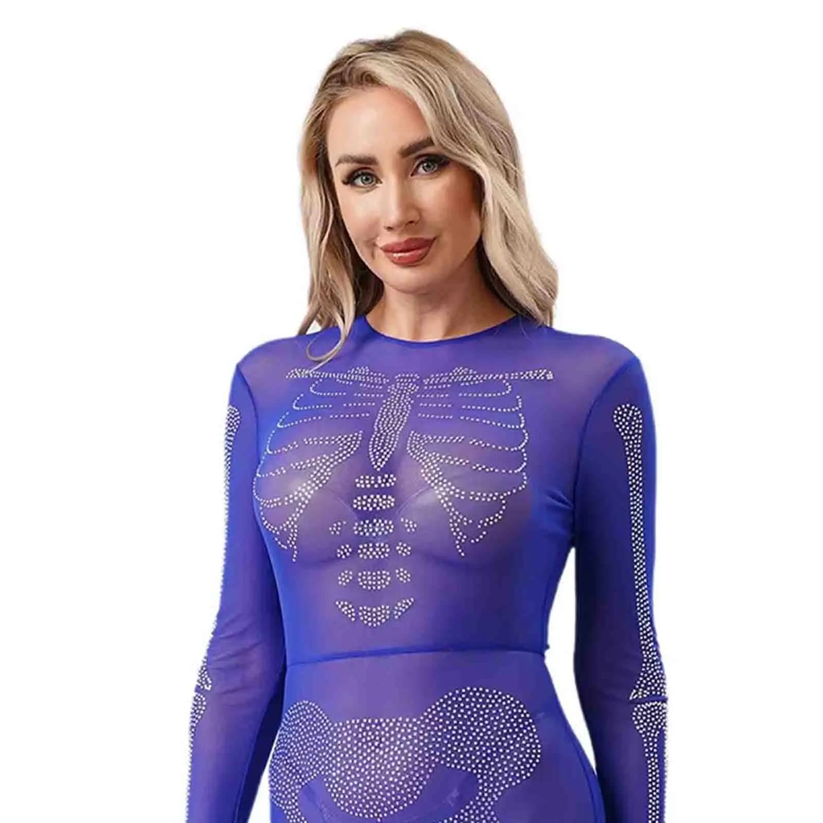 

Women Bikini Cover Up Sunscreen Jumpsuits Stylish Skeleton Printed Long Sleeve See-Through Bodysuit for Lingerie Flirting Outfit
