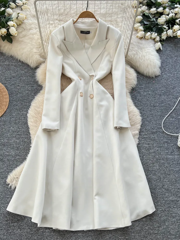 Retro Damesachtige Double-Breasted Pak Kraag Windjack Dr Afslanken Hoge Taille A-lijn Rok Lange Sve Herfst Winter Dr