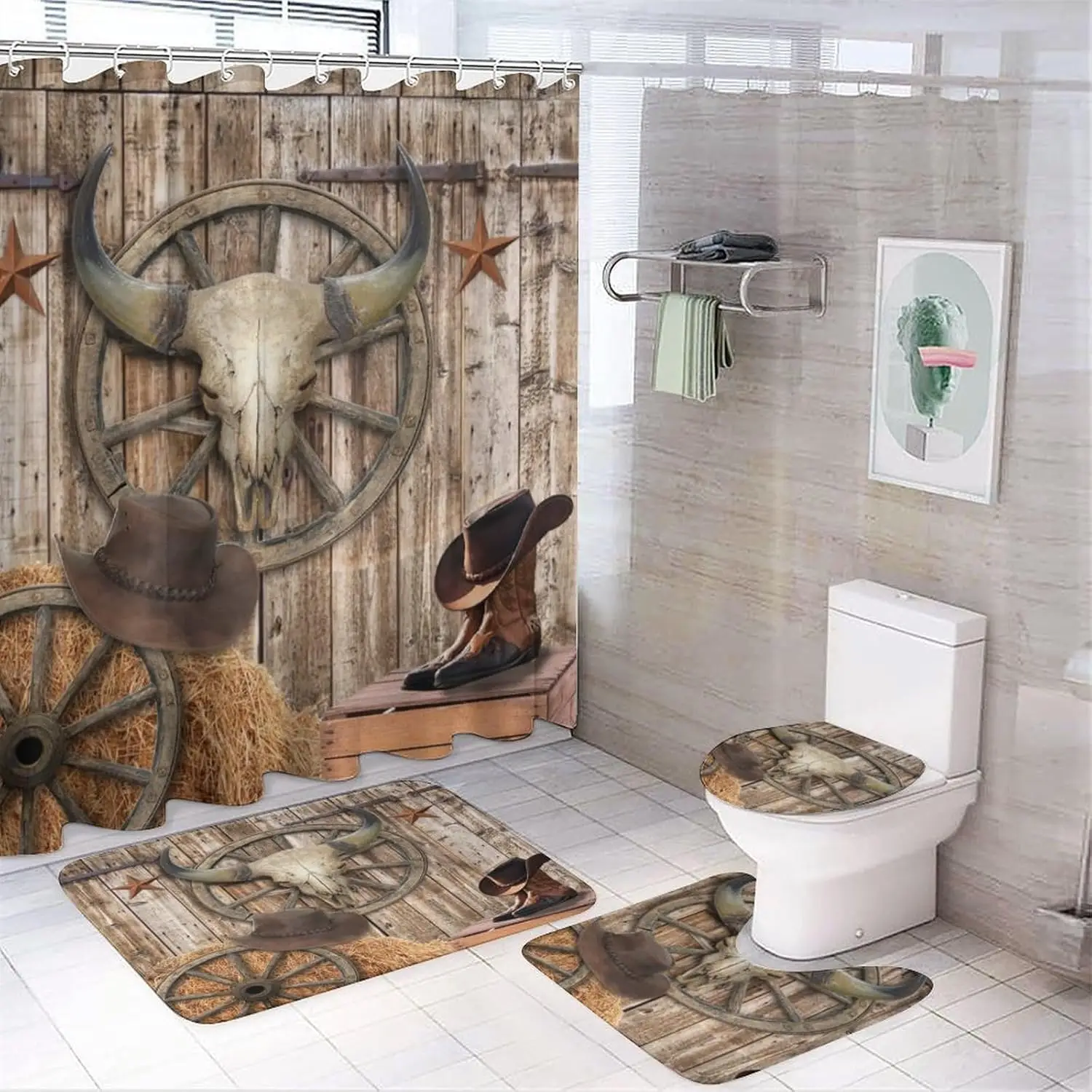 

4 Pcs Waterproof Shower Curtain Set,Rustic Country Wooden Board Cowboy Boots Wheel Cow Skull with Waterproof Toilet Cover Shower