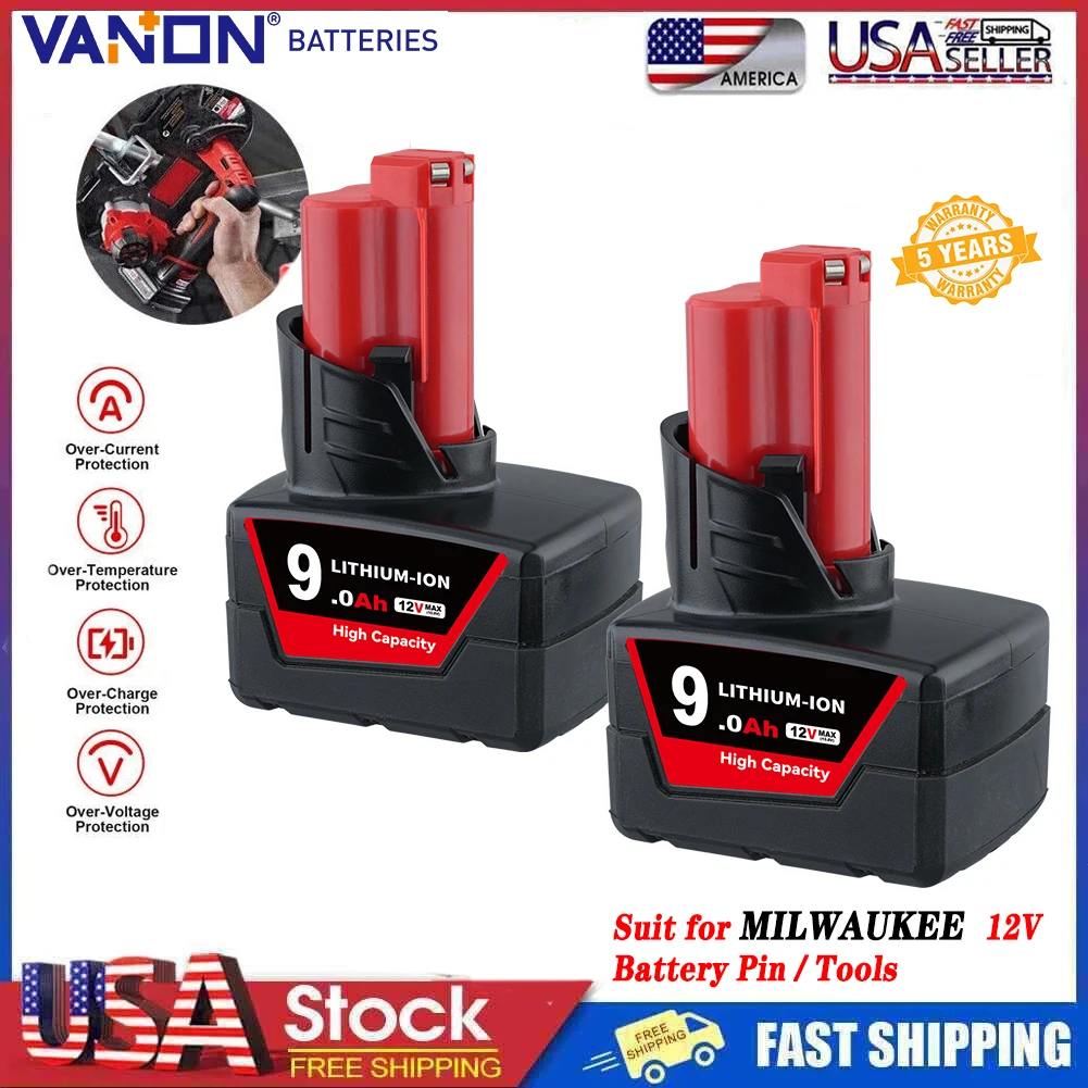 

VANON 2Pcs 9.0Ah Replace for Milwaukee 12V M12 48-11-2460 48-11-2412 48-11-2401 Li-on Battery Pin Compatible with Power Tools
