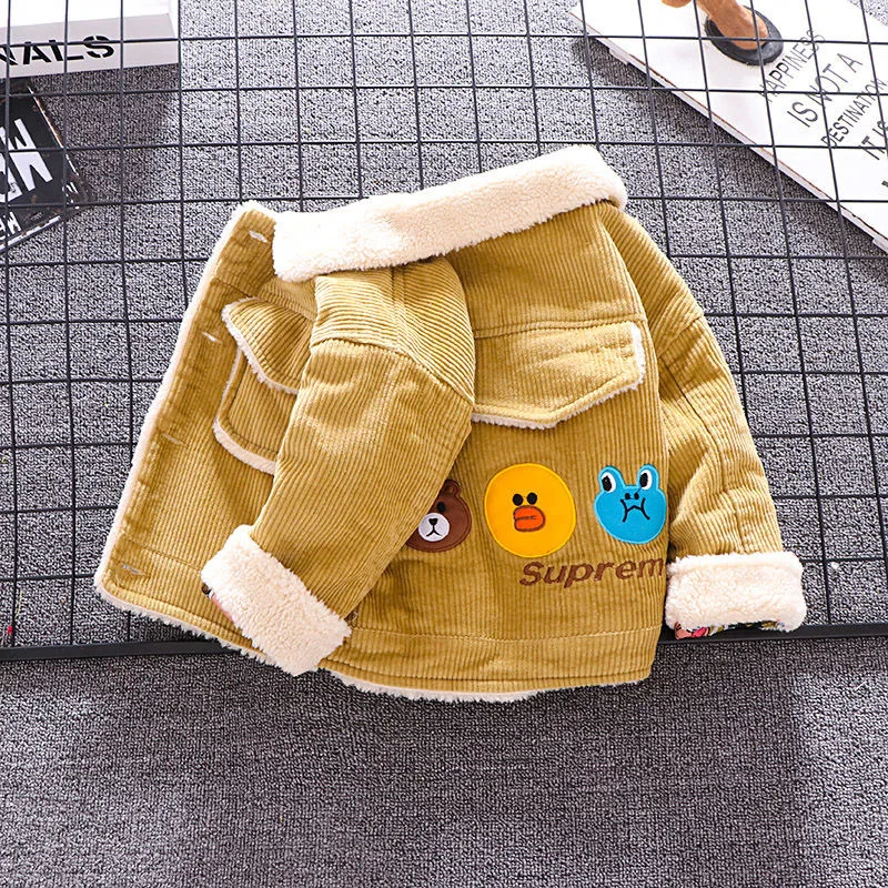 Children\'s Autumn/Winter Fashion Plush Lapel Coat Boys\' Cartoon Pattern Thicken Jacket Kids Casual Cotton Outerwear 9 M-4 Years