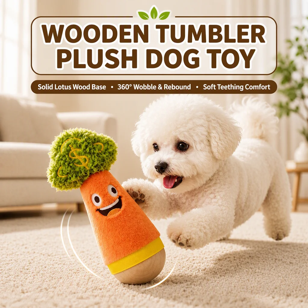 Wooden Base Tumbler Plush Dog Toy，Wobble Soft Stuffed Chew Toy with Natural Lotus Wood Base for Puppy Teething Anxiety Reli