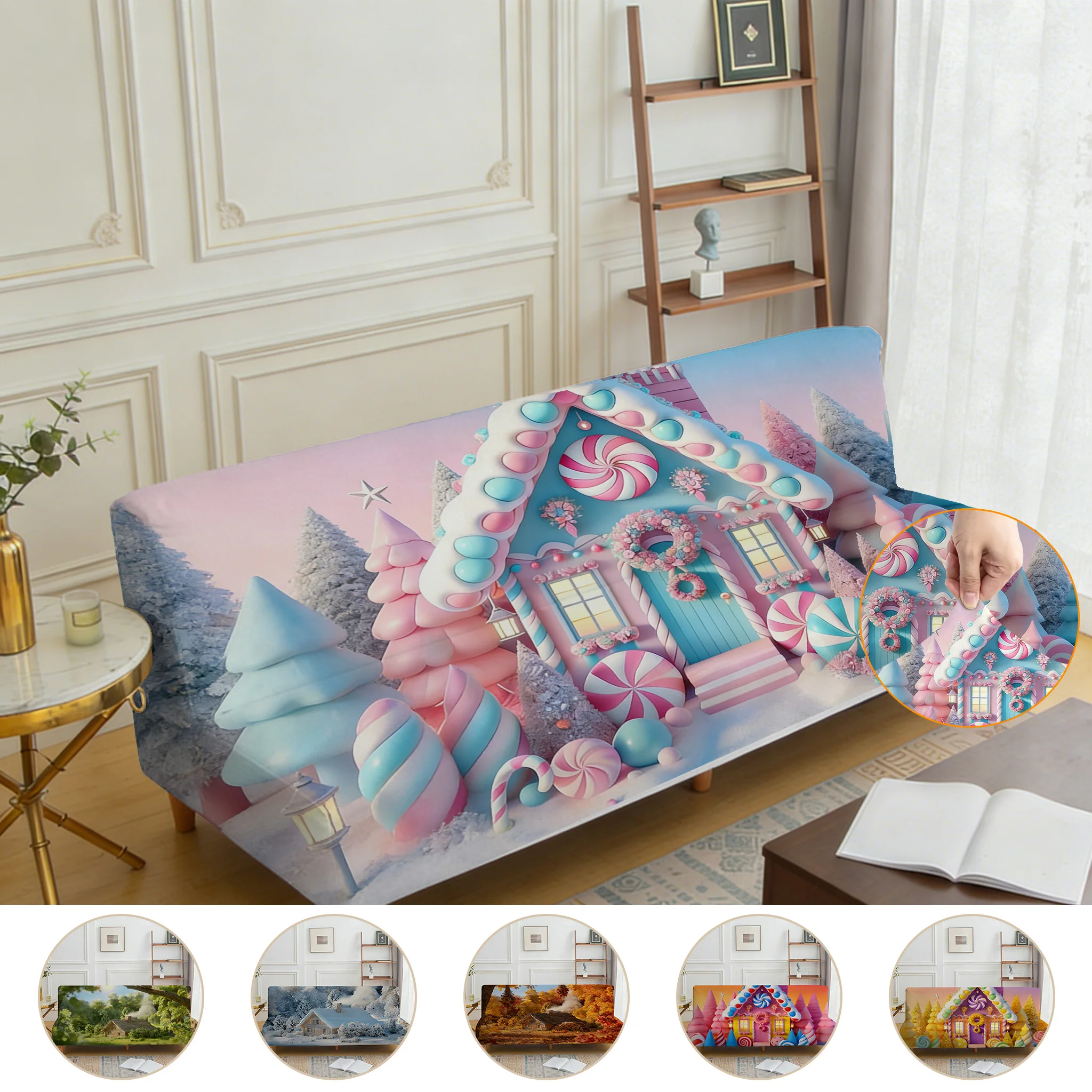 Armless elastic sofa bed cover, Four Seasons Scenic Candy House pattern, dustproof machine washable sofa bed cover