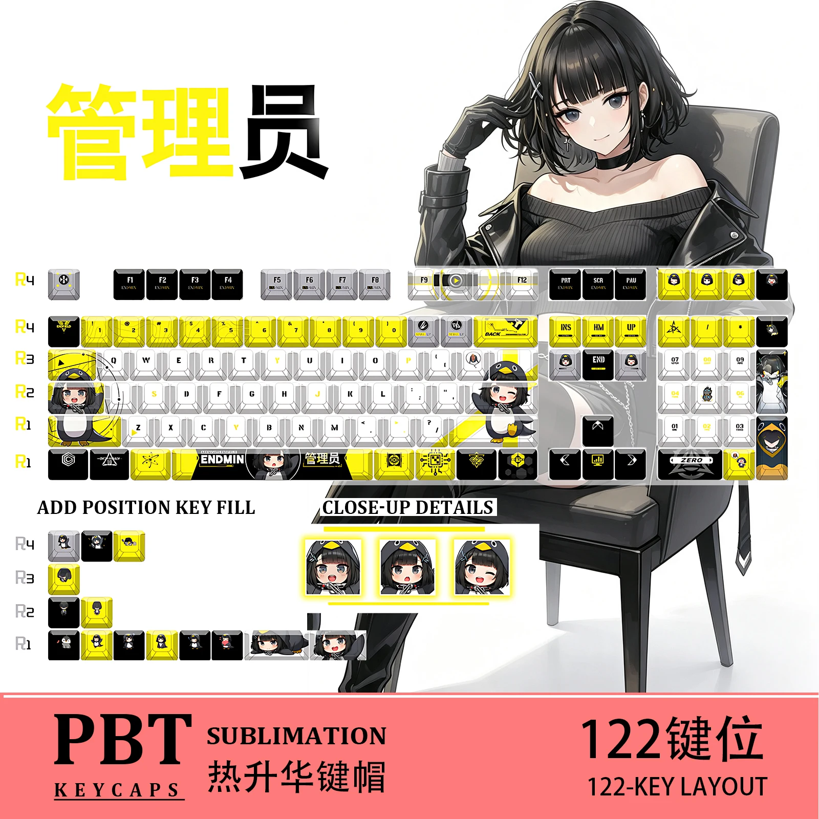 Arknights Penguin Logistics Manager Cute Anime 122 PBT Dye Sub Keycaps Cherry ANSI Fit Made68 Mad68 Wooting60 MX Switches