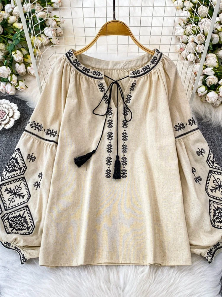 เสื้อทรงหลวมสไตล์เกาหลี แขนยาว ปักลายย้อนยุค ผูกเอว ดีไซน์หวานๆ สำหรับผู้หญิง รุ่นใหม่ล่าสุดสำหรับฤดูร้อน