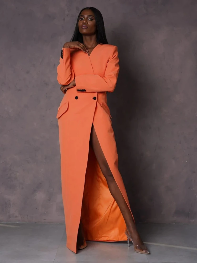 Orange Women Suits Dress Long Sleeves Prom Evening Gowns One Button Side Slit New Custom Made One Button Mother Of The Bride