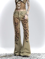 American High Street Washed Leopard Print Jeans Women Summer New Design Sense Niche Vintage Flared Pants