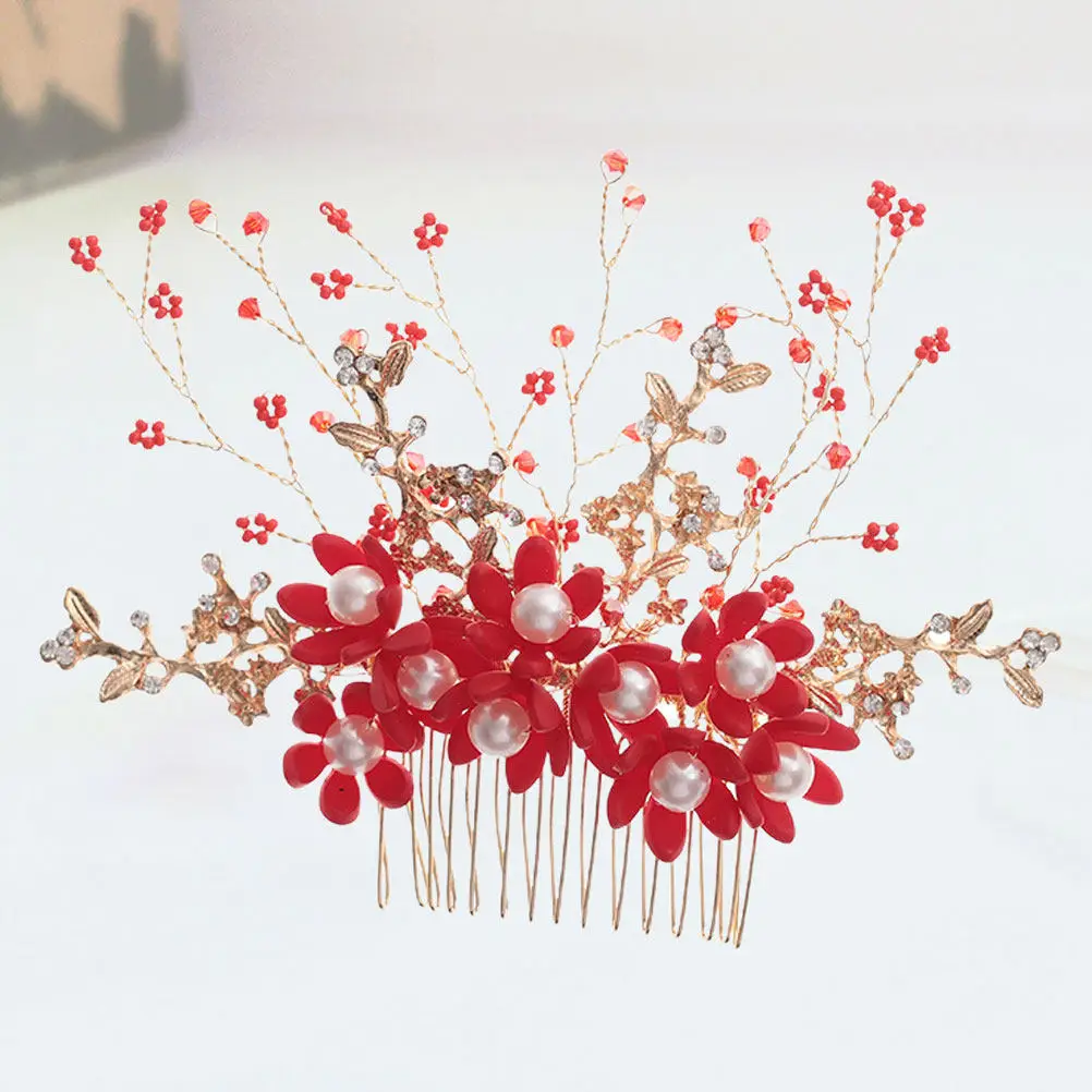 

Pearl Bride Headdress Handmade Red Flower Shaped Hair Insert Comb Wedding Hair Accessories Elegant Party Prom Headwear