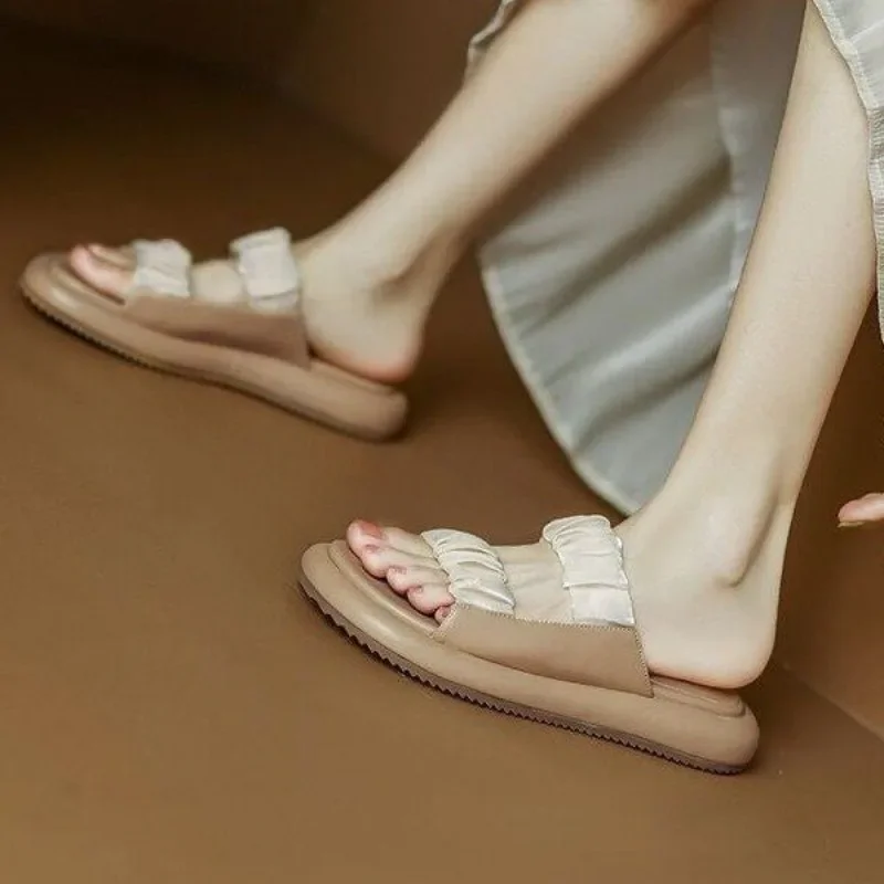 Slides Women's Slippers and Ladies Sandals on Word Shoes Outside Open Toe Leather Platform Job Thick Comfortable But Cheap Y W