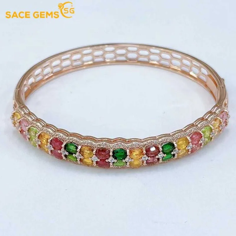 SACE GEMS New Certified 3*4mm*34  Natural Tourmaline Bracelets 925 Sterling Silver 19cm for Women Engagement Party Fine Jewelry