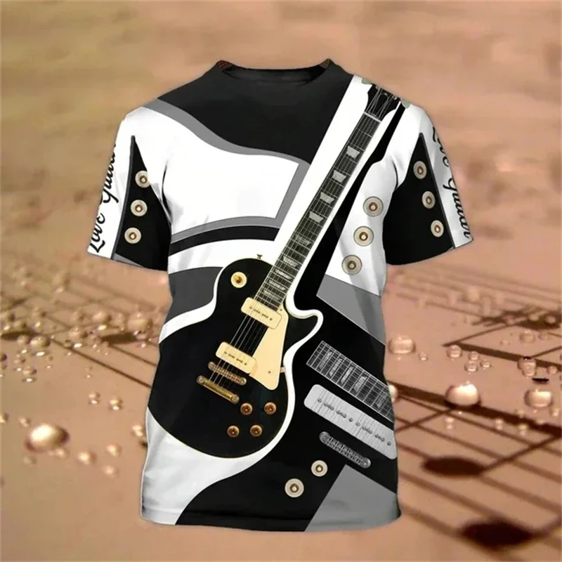 New Fashion Men\'s T-shirt 3D Guitar Lover Print Short Sleeve Street Hip Hop Music Tee Shirts Casual Oversized Round Neck Tops