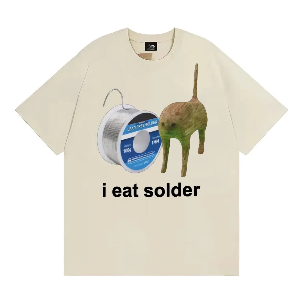 I Eat Solder Cursed Funny Cat Meme Men's Short-Sleeve Tops Oversized Polyester Fashion Party Match Day Casual Man T-Shirt