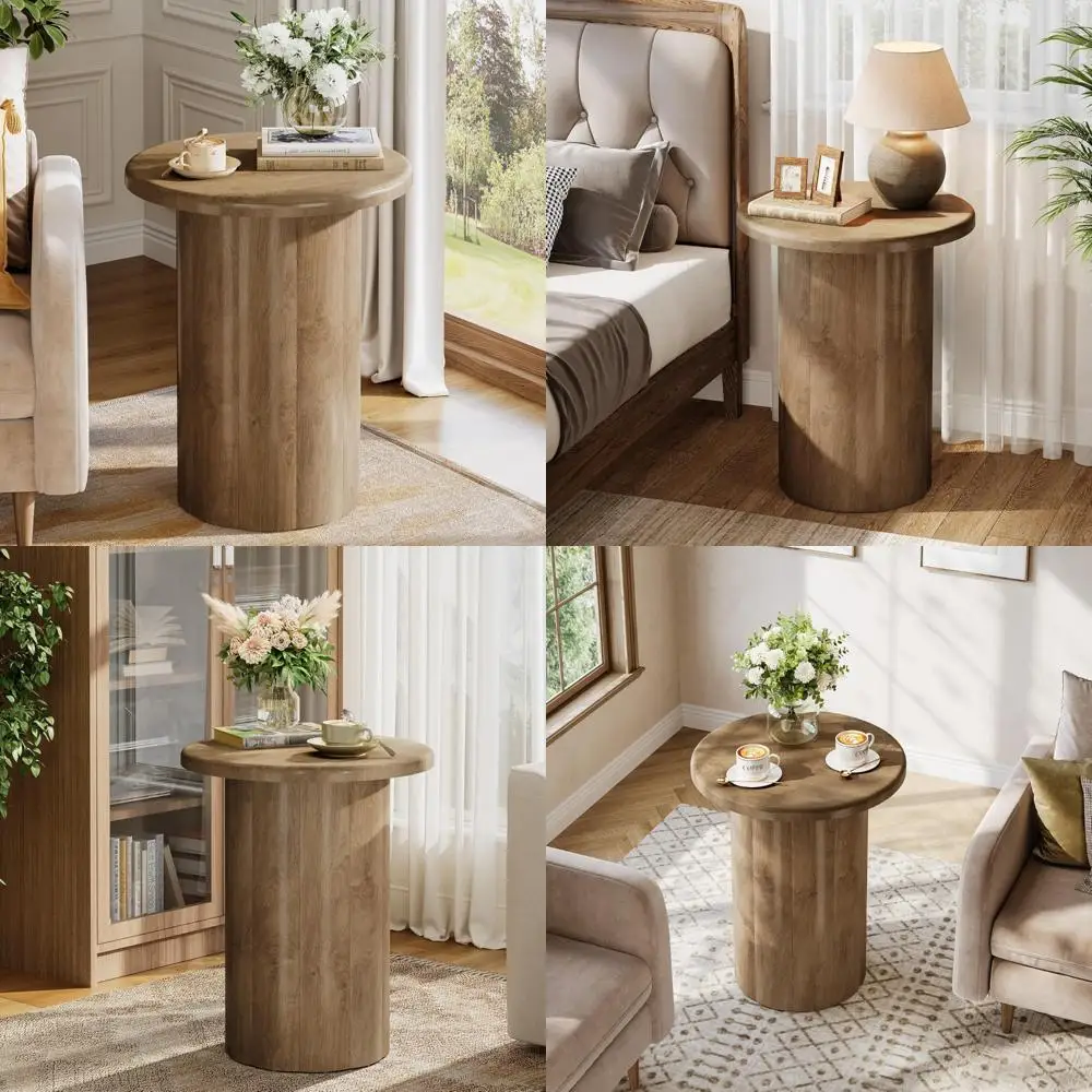 Petite table d'appoint de style ferme marron rustique avec base cannelée pour le salon, table de chevet d'appoint de 20 pouces