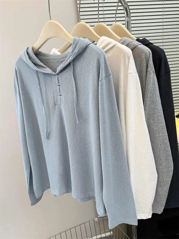 レトロアメリカン漫画フード付きロングスリーブTシャツ女性の春秋カジュアルファッショナブルなベースシャツトップトレンディなポリエステル繊維